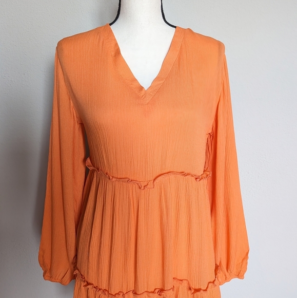 Orange long lantern sleeve ruffle hem frilled dress size S - Picture 4 of 8